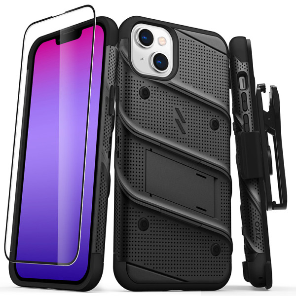 Etui Pancerne Do iPhone 14 Plus Ze Szkłem 9H Na Ekran + Uchwyt Z Podstawką Zizo Bolt Series Czarny