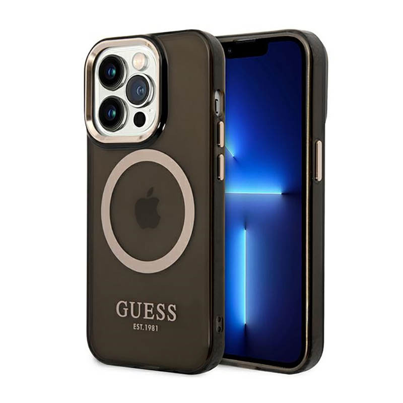 Etui Do iPhone 14 Pro Guess Gold Outline Translucent MagSafe Czarny