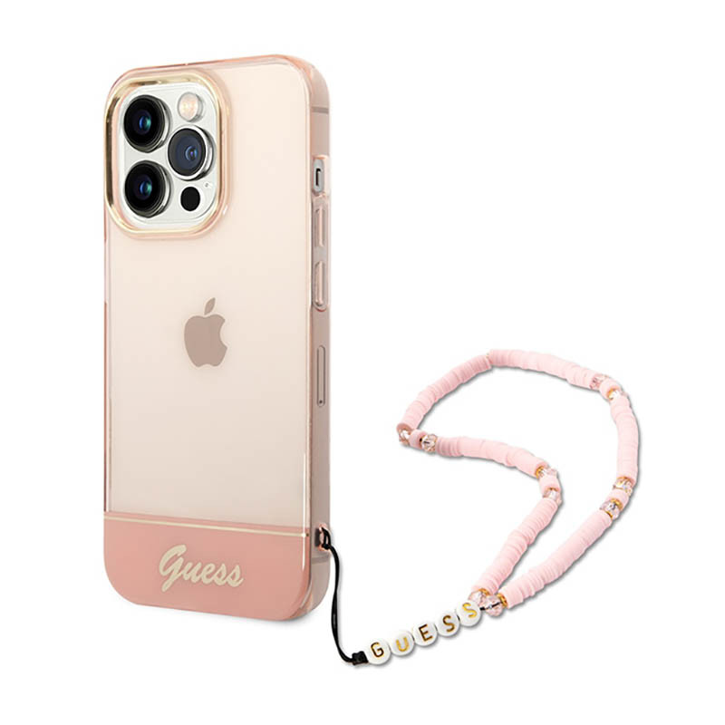 Etui Do iPhone 14 Pro Guess Translucent Pearl Strap Różowy