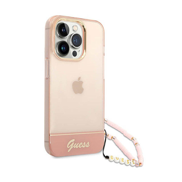Etui Do iPhone 14 Pro Guess Translucent Pearl Strap Różowy
