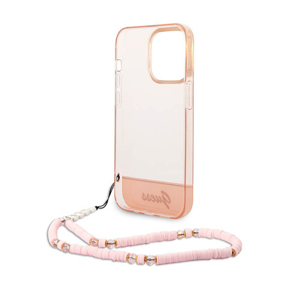 Etui Do iPhone 14 Pro Guess Translucent Pearl Strap Różowy