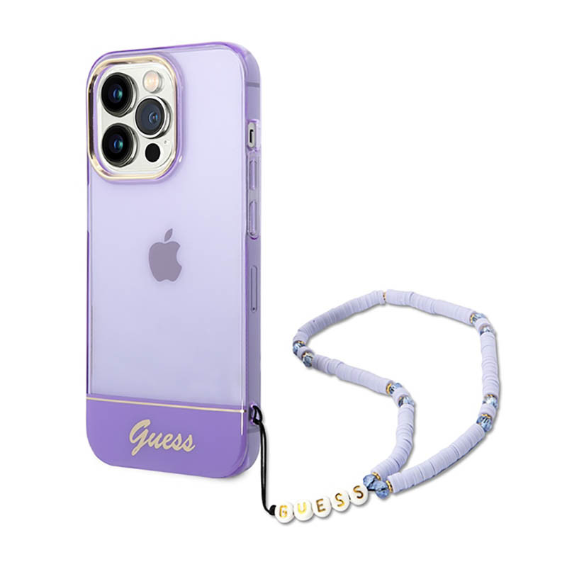 Etui Do iPhone 14 Pro Guess Translucent Pearl Strap Fioletowy