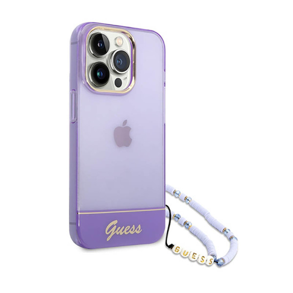 Etui Do iPhone 14 Pro Guess Translucent Pearl Strap Fioletowy