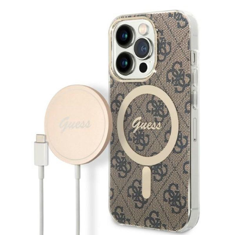 Zestaw Etui + Ładowarka MagSafe Do iPhone 14 Pro Guess Bundle Pack MagSafe 4G Brązowy