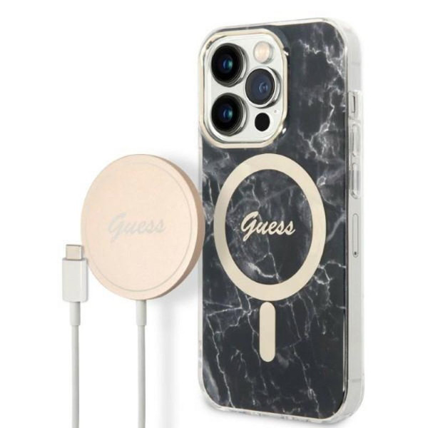 Zestaw Etui + Ładowarka MagSafe Do iPhone 14 Pro Guess Bundle Pack MagSafe Iml Marble Czarny