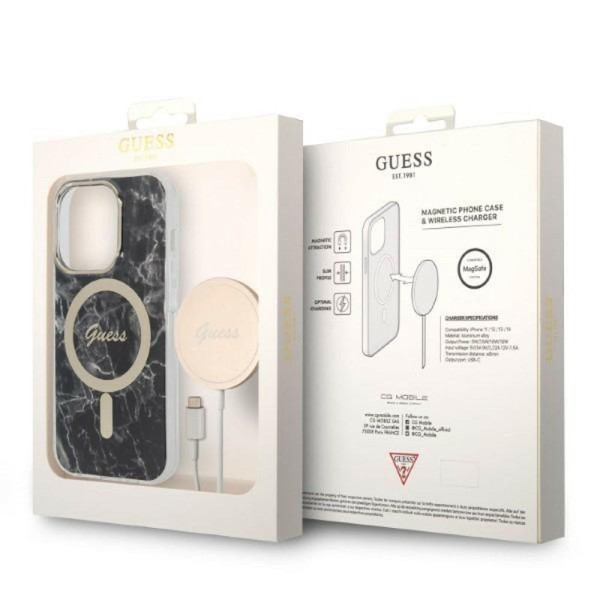 Zestaw Etui + Ładowarka MagSafe Do iPhone 14 Pro Guess Bundle Pack MagSafe Iml Marble Czarny