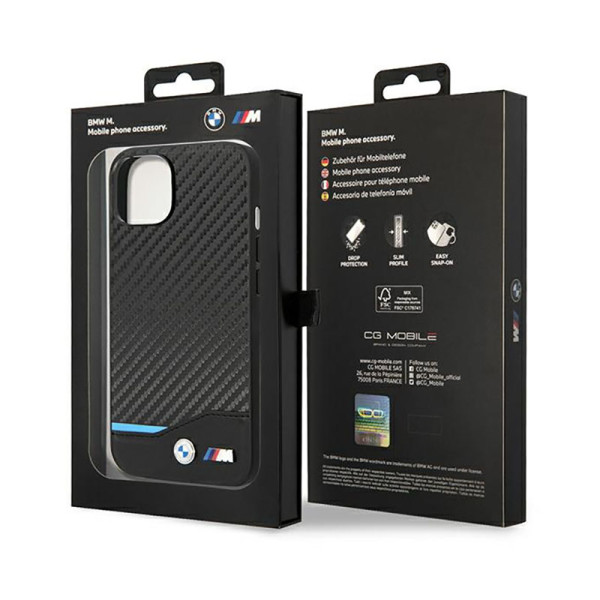 Etui Do iPhone 14 Plus BMW Leather Carbon Blue Line  Czarny