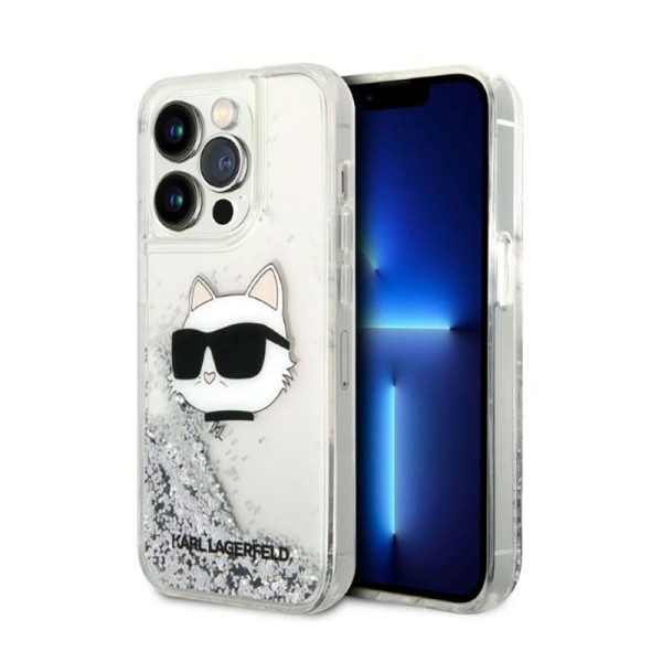 Etui Do iPhone 14 Pro Karl Lagerfeld Liquid Glitter NFT Choupette Head Srebrny