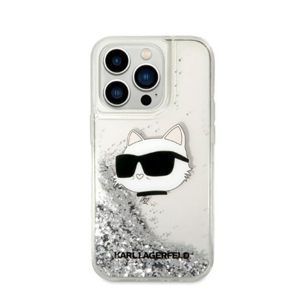 Etui Do iPhone 14 Pro Karl Lagerfeld Liquid Glitter NFT Choupette Head Srebrny