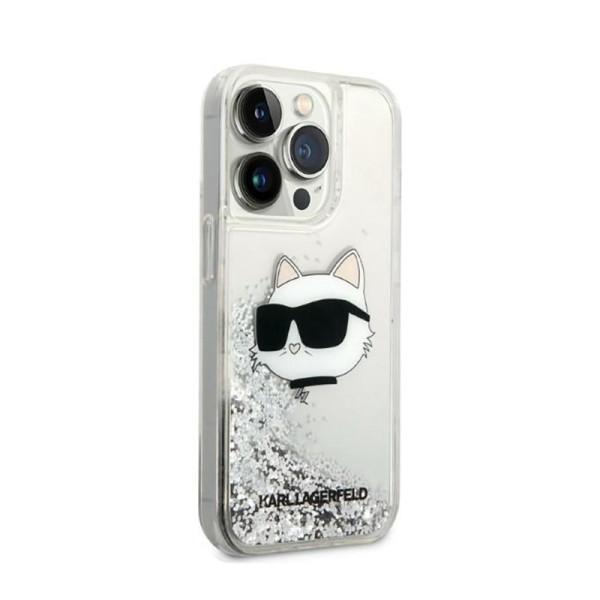 Etui Do iPhone 14 Pro Karl Lagerfeld Liquid Glitter NFT Choupette Head Srebrny