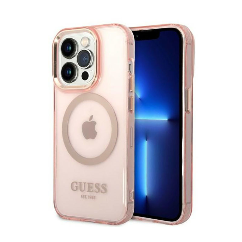 Etui Do iPhone 14 Pro Guess Gold Outline Translucent MagSafe Różowy
