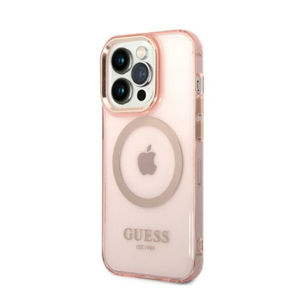 Etui Do iPhone 14 Pro Guess Gold Outline Translucent MagSafe Różowy