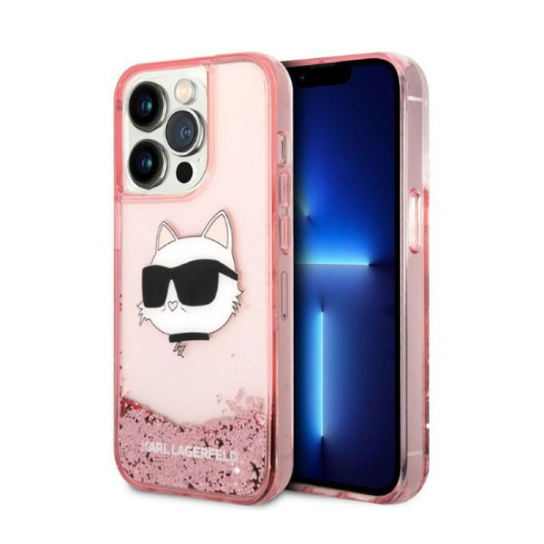 Etui Do iPhone 14 Pro Karl Lagerfeld Liquid Glitter NFT Choupette Head Różowy