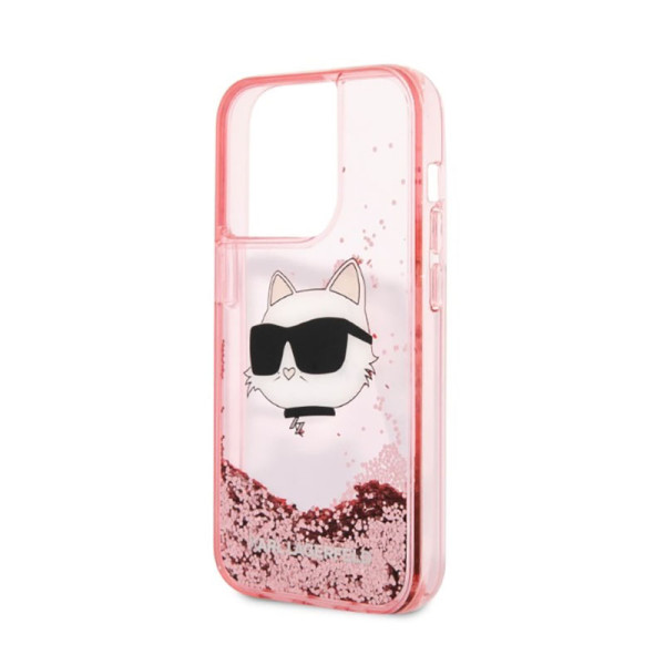 Etui Do iPhone 14 Pro Karl Lagerfeld Liquid Glitter NFT Choupette Head Różowy