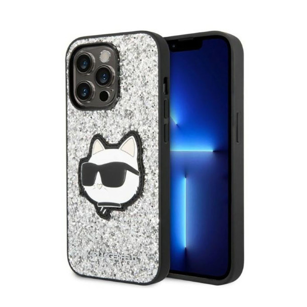 Etui Do iPhone 14 Pro Karl Lagerfeld NFT Glitter Choupette Patch Srebrny