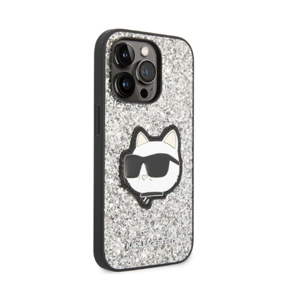 Etui Do iPhone 14 Pro Karl Lagerfeld NFT Glitter Choupette Patch Srebrny