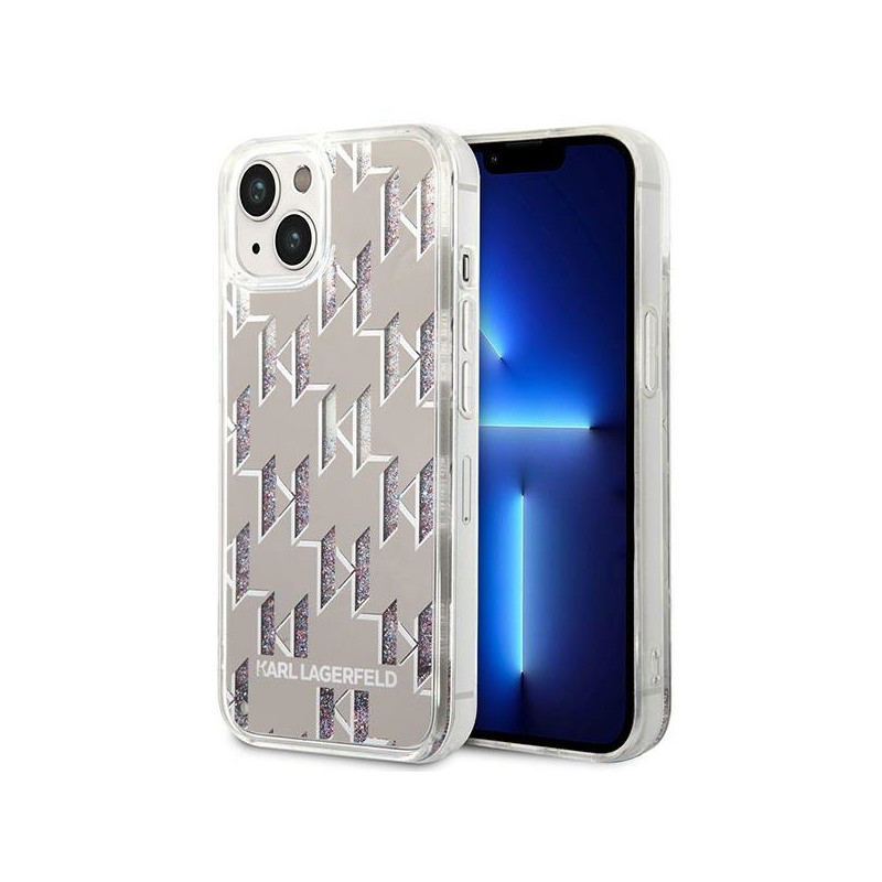 Etui Do iPhone 14 Plus Karl Lagerfeld Monogram Liquid Glitter Srebrny