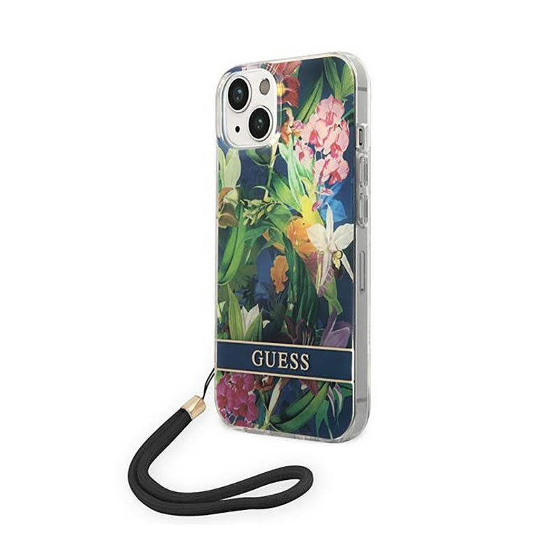 Etui Ze Smyczką Do iPhone 14 Plus Guess Flower Cord Niebieski