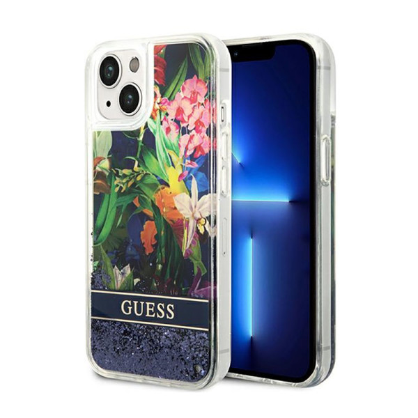Etui Do iPhone 14 Plus Guess Liquid Glitter Flower Niebieski