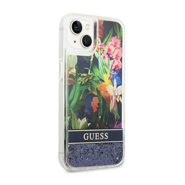 Etui Do iPhone 14 Plus Guess Liquid Glitter Flower Niebieski