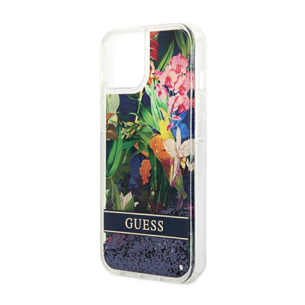 Etui Do iPhone 14 Plus Guess Liquid Glitter Flower Niebieski