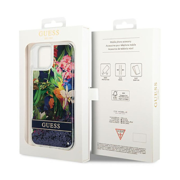 Etui Do iPhone 14 Plus Guess Liquid Glitter Flower Niebieski