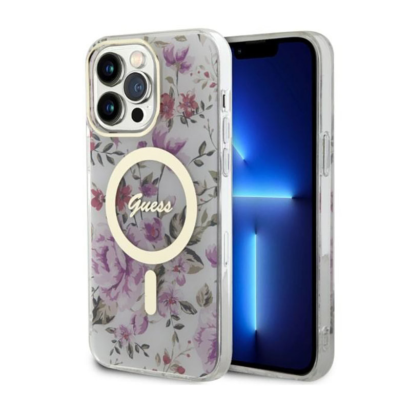 Etui Do iPhone 14 Pro Guess Flower MagSafe Przezroczysty