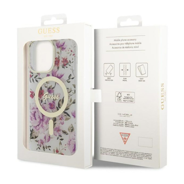 Etui Do iPhone 14 Pro Guess Flower MagSafe Przezroczysty