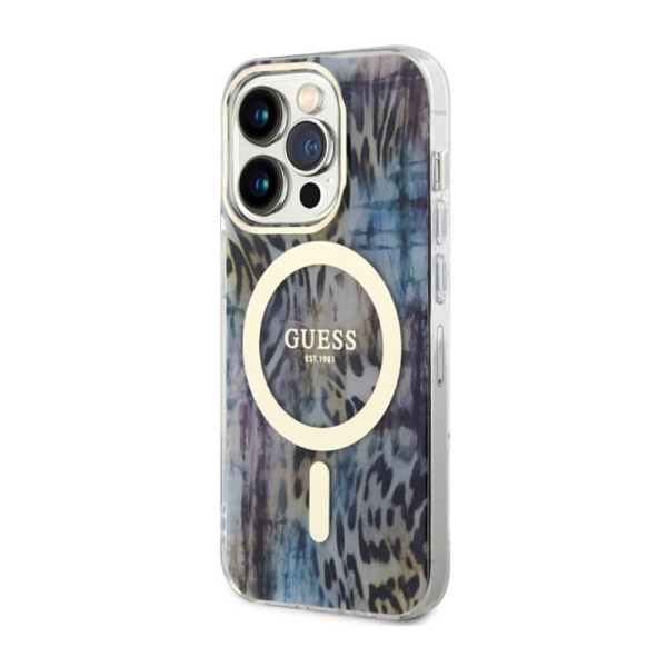 Etui Do iPhone 14 Pro Guess Leopard MagSafe Niebieski