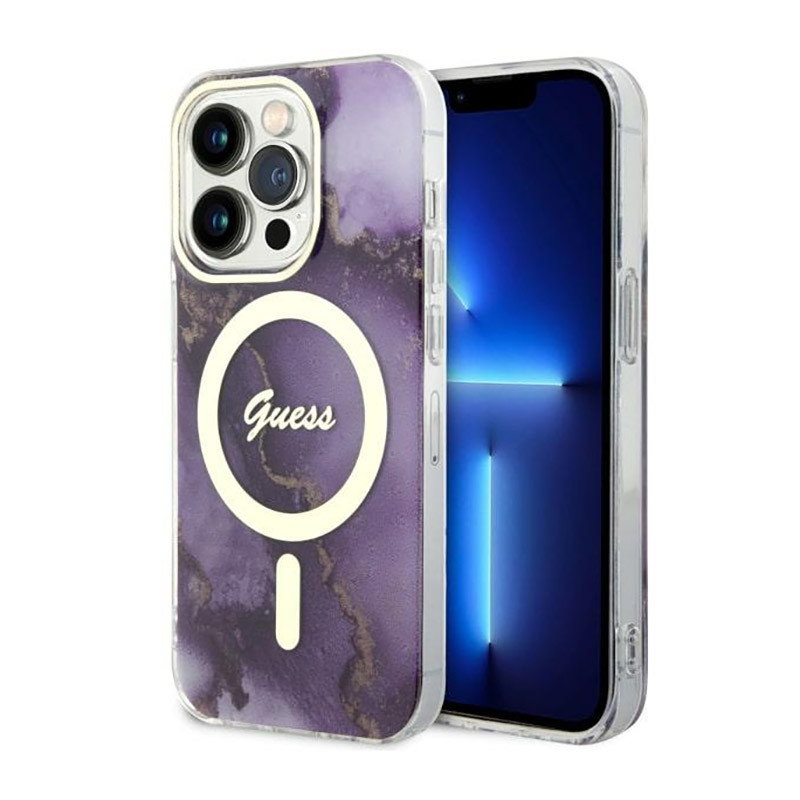 Etui Do iPhone 14 Pro Guess Golden Marble MagSafe Fioletowy