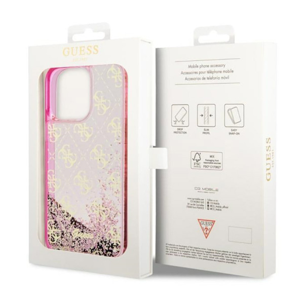 Etui Do iPhone 14 Pro Guess Liquid Glitter Transculent 4G Różowy