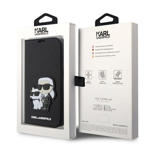 Etui Do iPhone 14 Pro Karl Lagerfeld Booktype NFT Saffiano Karl & Choupette Czarny