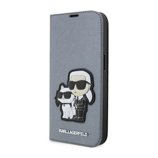 Etui Do iPhone 14 Pro Karl Lagerfeld Booktype NFT Saffiano Karl & Choupette Srebrny