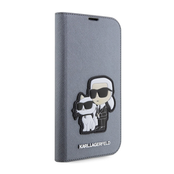 Etui Do iPhone 14 Pro Karl Lagerfeld Booktype NFT Saffiano Karl & Choupette Srebrny