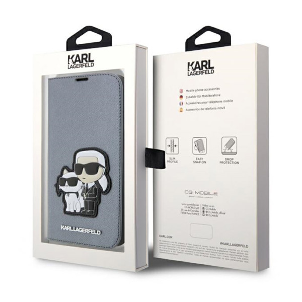 Etui Do iPhone 14 Pro Karl Lagerfeld Booktype NFT Saffiano Karl & Choupette Srebrny