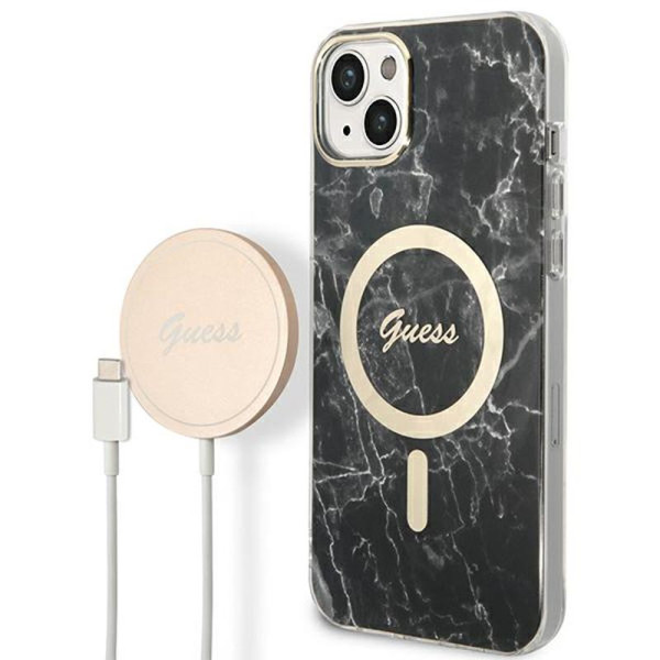 Zestaw Etui + Ładowarka MagSafe Do iPhone 14 Plus Guess Bundle Pack MagSafe Iml Marble Czarny