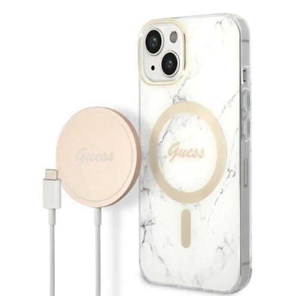Zestaw Etui + Ładowarka MagSafe Do iPhone 14 Plus Guess Bundle Pack MagSafe Iml Marble Biały