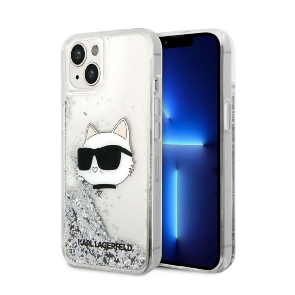 Etui Do iPhone 14 Plus Karl Lagerfeld Liquid Glitter NFT Choupette Head Srebrny