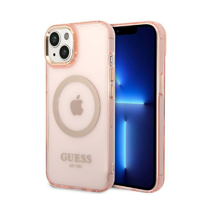 Etui Do iPhone 14 Plus Guess Gold Outline Translucent MagSafe Różowy