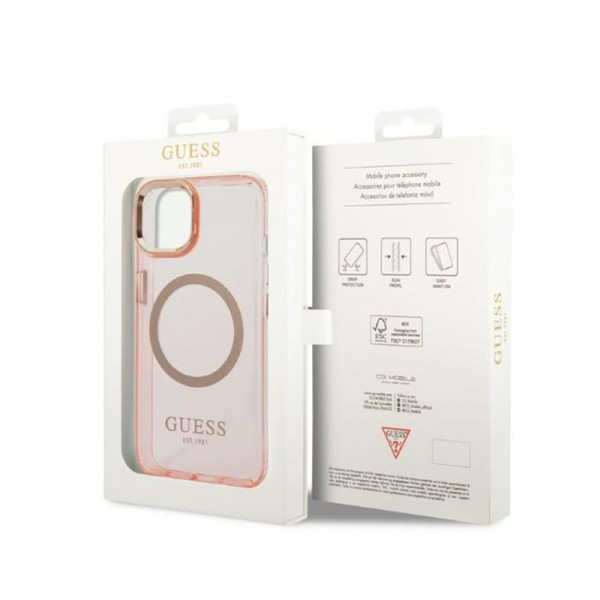 Etui Do iPhone 14 Plus Guess Gold Outline Translucent MagSafe Różowy