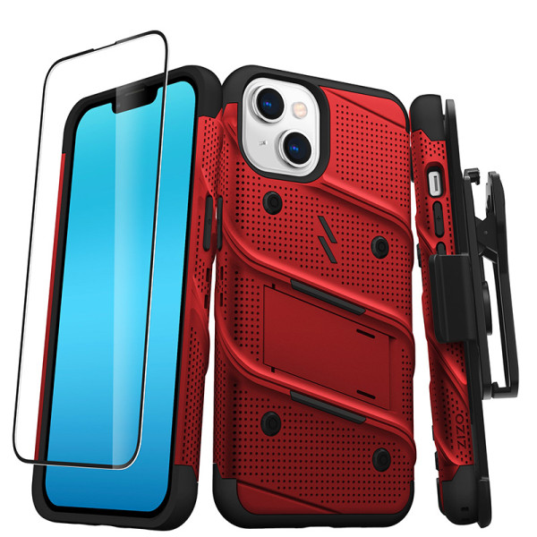 Etui Pancerne Do iPhone 14 Ze Szkłem 9H Na Ekran + Uchwyt Z Podstawką Zizo Bolt Series Czerwony