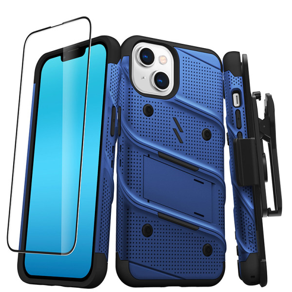 Etui Pancerne Do iPhone 14 Ze Szkłem 9H Na Ekran + Uchwyt Z Podstawką Zizo Bolt Series Niebieski