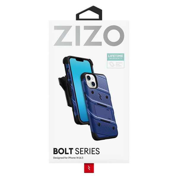 Etui Pancerne Do iPhone 14 Ze Szkłem 9H Na Ekran + Uchwyt Z Podstawką Zizo Bolt Series Niebieski
