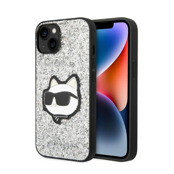 Etui Do iPhone 14 Plus Karl Lagerfeld NFT Glitter Choupette Patch Srebrny