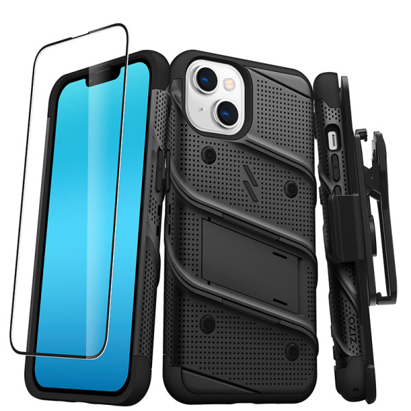 Etui Pancerne Do iPhone 14 Ze Szkłem 9H Na Ekran + Uchwyt Z Podstawką Zizo Bolt Series Czarny