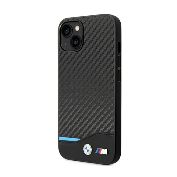 Etui Do iPhone 14 BMW Leather Carbon Blue Line Czarny