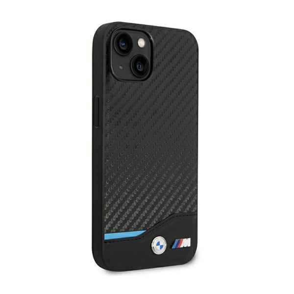 Etui Do iPhone 14 BMW Leather Carbon Blue Line Czarny