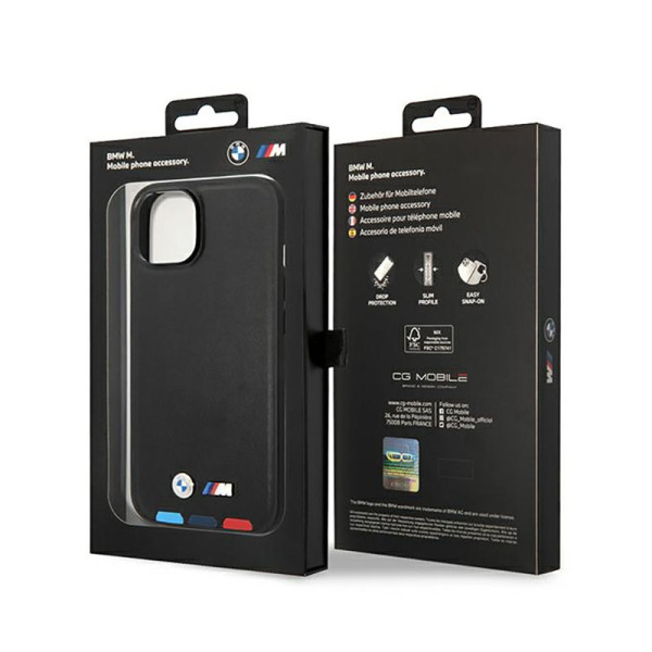 Etui Do iPhone 14 BMW Leather Hot Stamp Tricolor MagSafe Czarny