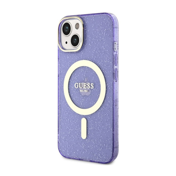 Etui Do iPhone 14 Plus Guess Glitter Gold MagSafe Fioletowy