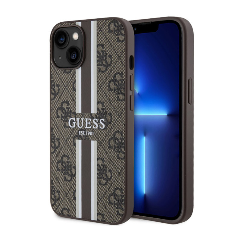 Etui Do iPhone 14 Plus Guess 4G Printed Stripes MagSafe Brązowy